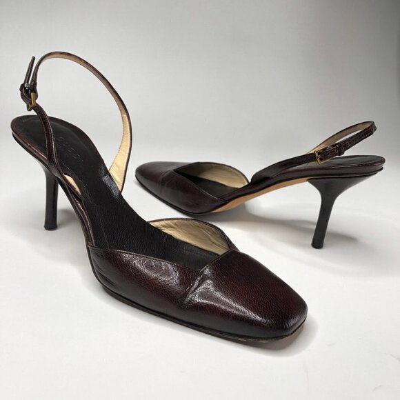 VINTAGE Gucci Leather Chocolate Brown Square Toe Slingback Designer Luxe Heels - Picture 1 of 16